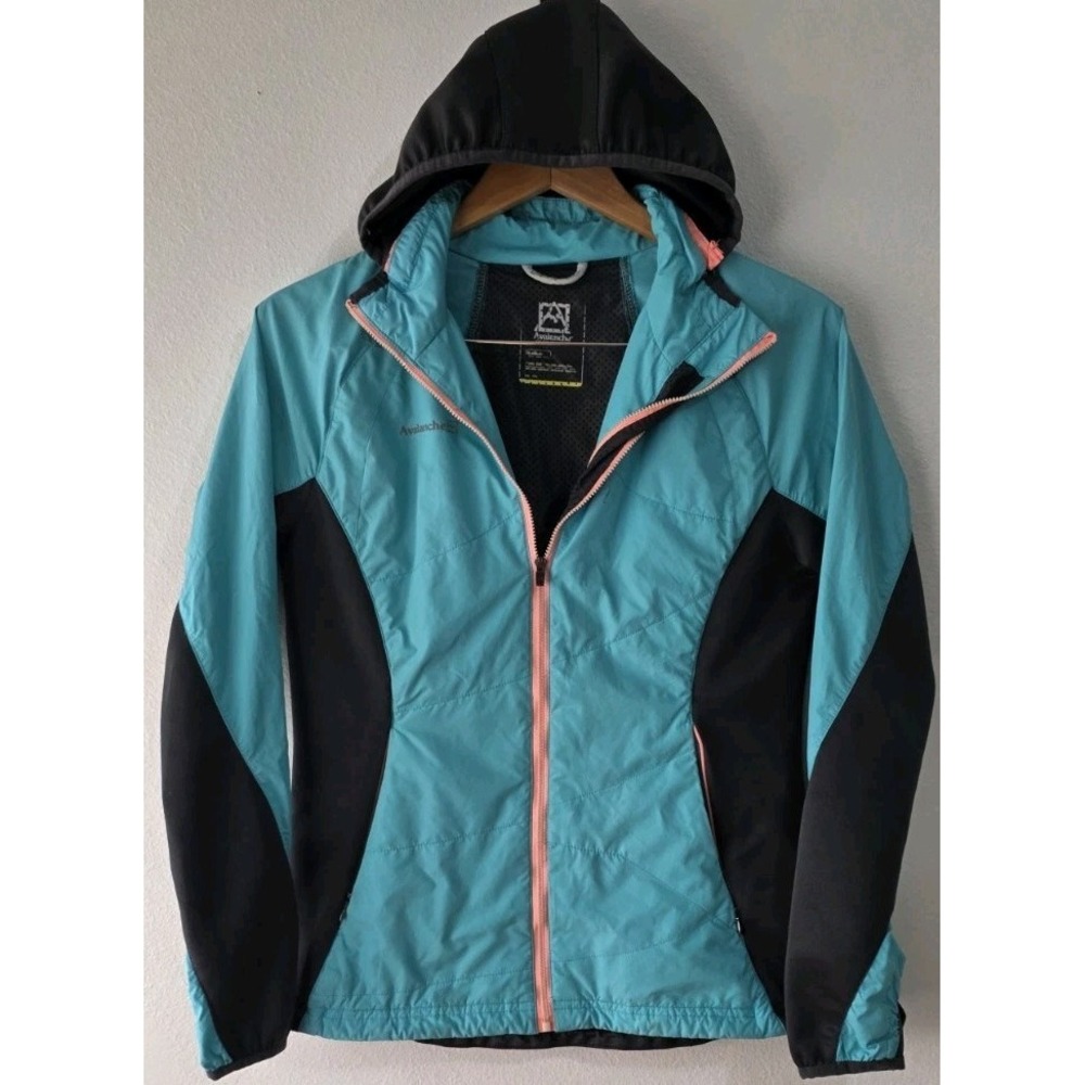 Avalanche Jacket Womens Sz M Hiking Outdoor Windbreaker Teal Pink Hooded Zip EUC